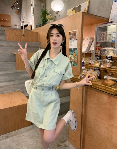 Real shots and real prices ~ Summer new Hong Kong style Korean style fashionable waist slimming short-sleeved washed cotton dress for women