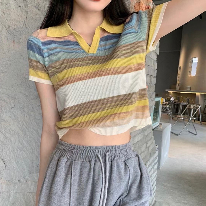 2022 new summer Rainbow Stripe contrast polo collar knit short sleeve top