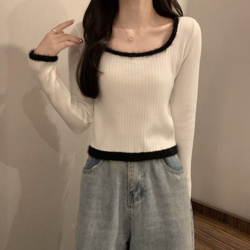 Real shooting real price Autumn and winter Korean version design sense niche stitching long-sleeved knitted square-neck bottoming shirt with top inside