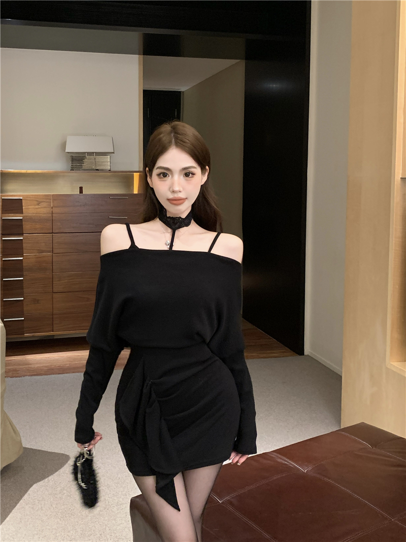 Real shot!  Temperament slimming one-shoulder knitted hip skirt women's pure desire slim dress bottoming skirt trendy