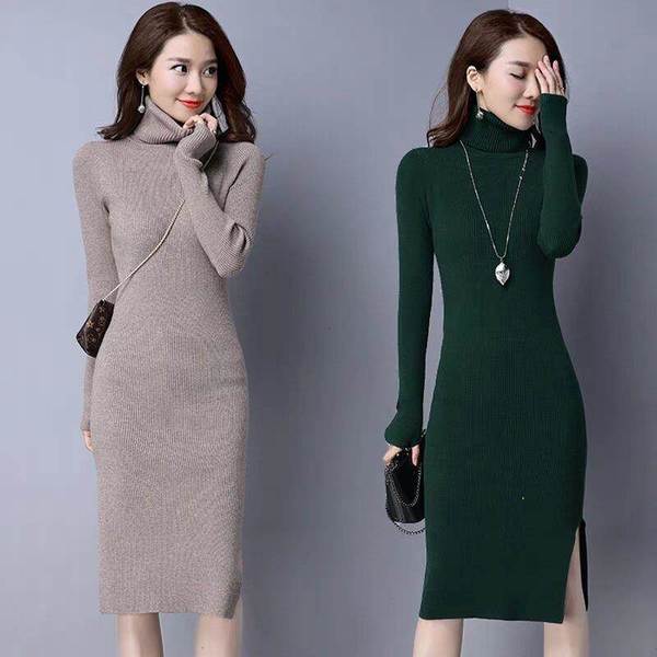 Sweater women's Pullover autumn winter 2021 new slim long knitted dress knee bottomed sweater