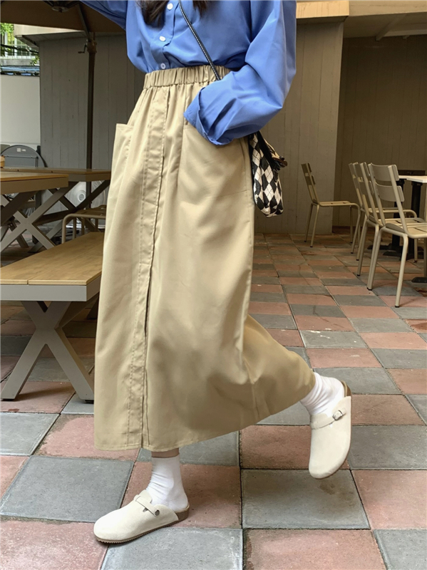 Real shot real price khaki tooling skirt female Korean version high waist retro loose mid-length all-match split skirt