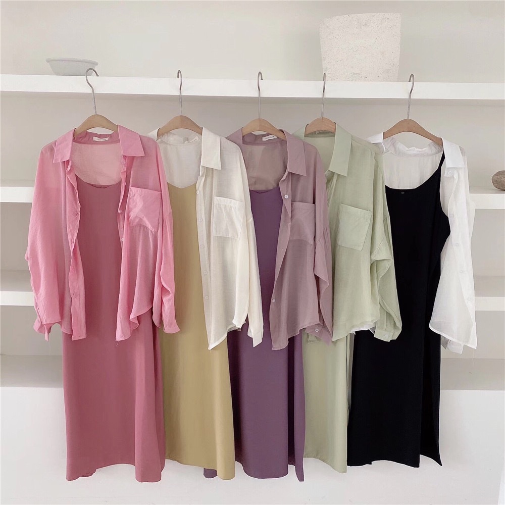 Real shot of spring and summer new Japanese all-match slim mid-length solid color suspender dress + long-sleeved shirt sun protection clothing