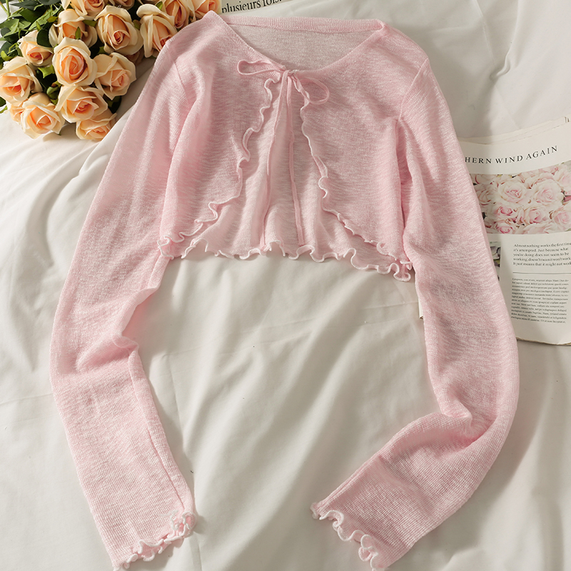French careful machine bow tie tie short style fungus edge small shawl women's thin style slightly transparent Long Sleeve Sweater Top