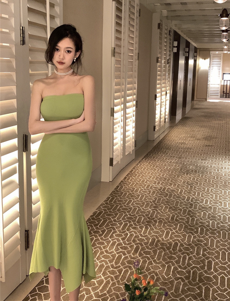 Real auction real price European and American butter green Tight Sexy Hip Wrap thin Strapless fishtail dress children
