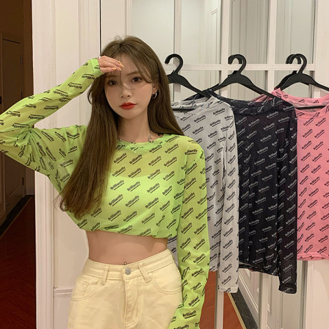 2023 new style breathable and not stuffy summer Korean style ins letter see-through mesh sunscreen long-sleeved T-shirt for women to wear outside