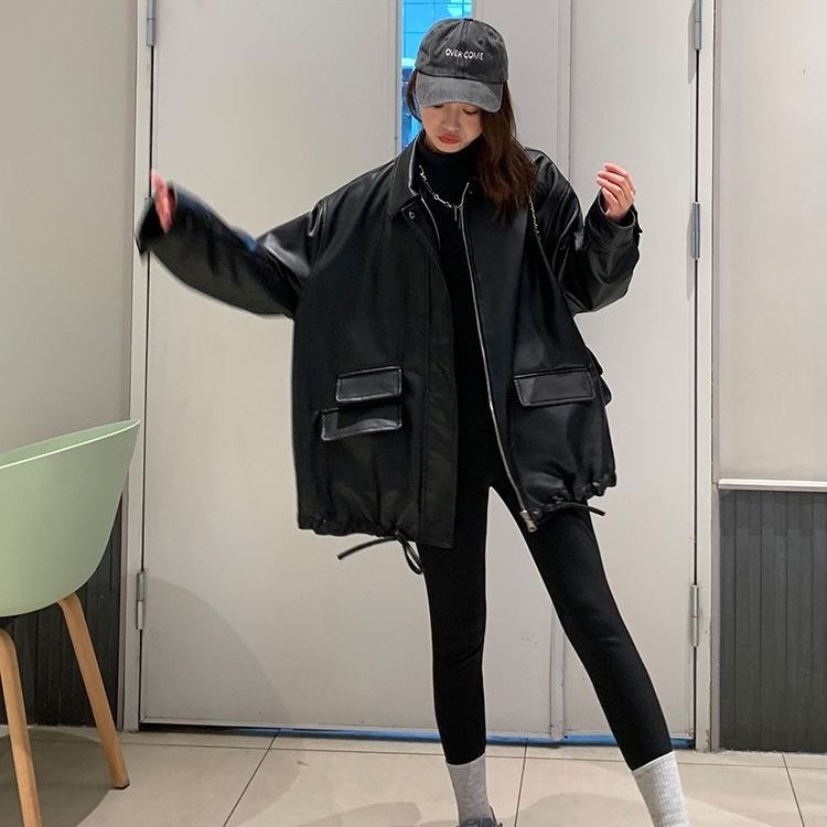 Details Retro Loose Casual Workwear PU Leather Jacket Women's Loose 2022 Korean Autumn and Winter New All-match Jacket