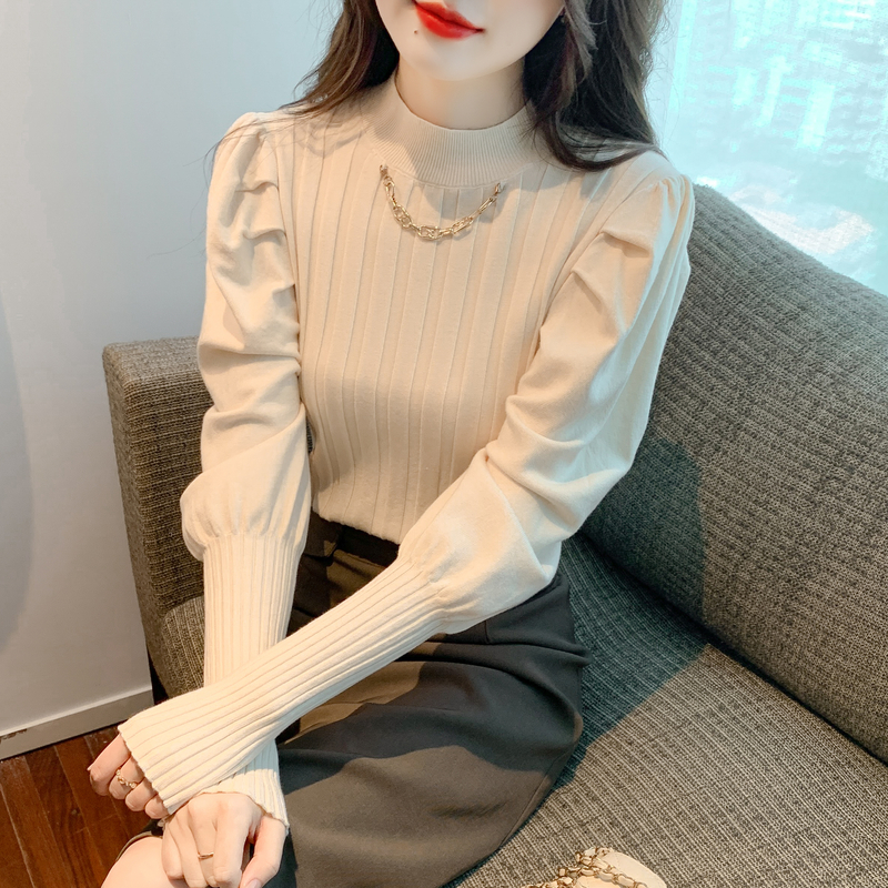 Live shot! Autumn and winter 2022 new Korean pullover half high collar bubble sleeve slim bottoming shirt knitwear