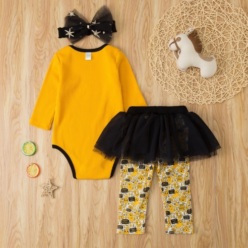 European and American girls' long sleeve spring and autumn Halloween suit T-shirt, gauze skirt and trousers two piece set of foreign style girls' holiday dress