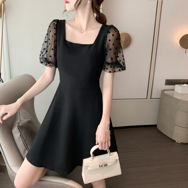 2021 Hepburn wind waist slim air mesh splicing chiffon dress women's summer black date skirt