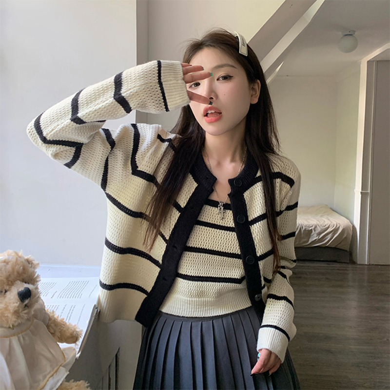 Early autumn 2022 new Korean version of the striped long-sleeved knitted cardigan + short small suspenders women's fashion two-piece suit