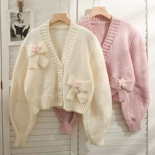 Korean version loose and thin three-breasted cardigan sweater women's 2022 new style bow short long-sleeved all-match knitted sweater