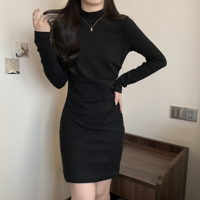 Real shot with ammonia double-sided German velvet 2022 dress women's brushed hair to keep warm waist slim half-high collar bottoming skirt