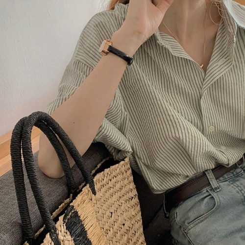 French stripe polo collar short sleeve shirt women's summer thin style summer temperament shirt design sense of minority chic top