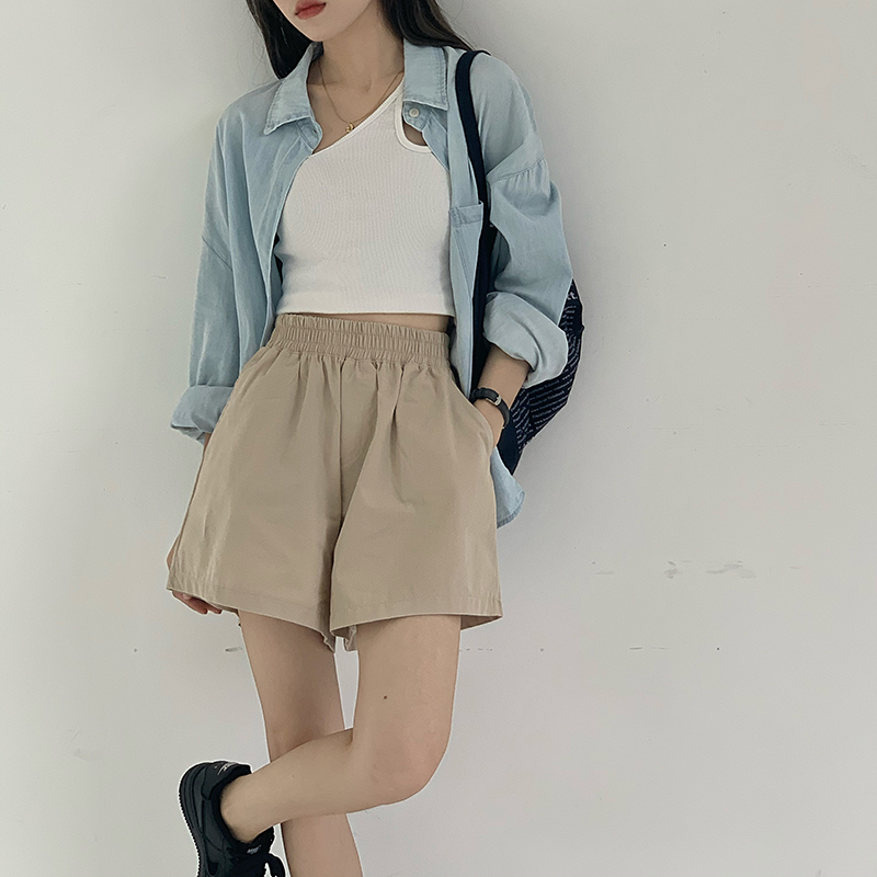 Real price and real shooting three standard loose casual solid color simple wide leg shorts