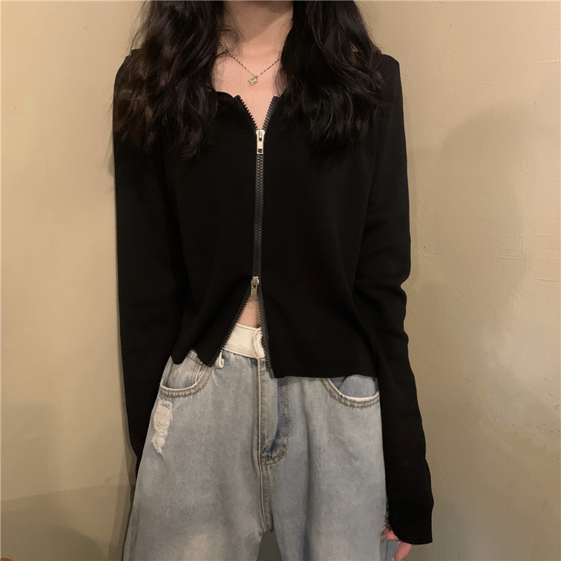 New style double zipper hooded short long sleeve knitted cardigan