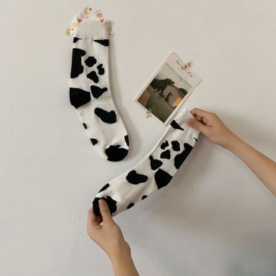 Japanese ins creative milk socks versatile striped medium tube socks Korean black and white cow stockings pile socks students