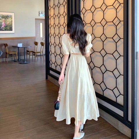 Design sense niche cross backless V-neck bubble sleeve dress women's summer French waist closing skirt with thin temperament