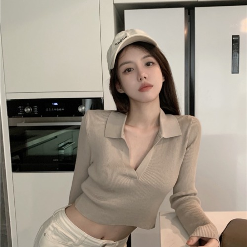 chic retro korean style all-match knitted bottoming shirt women's summer 2022 new style sweater short long sleeve top