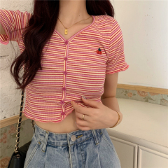 Real price cherry embroidery stripe t-shirt female V-neck short sleeve slim high waist short top