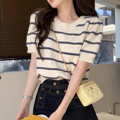 Striped knitted sweater pullover loose outer wear for women summer new style short style age-reducing round neck short-sleeved top