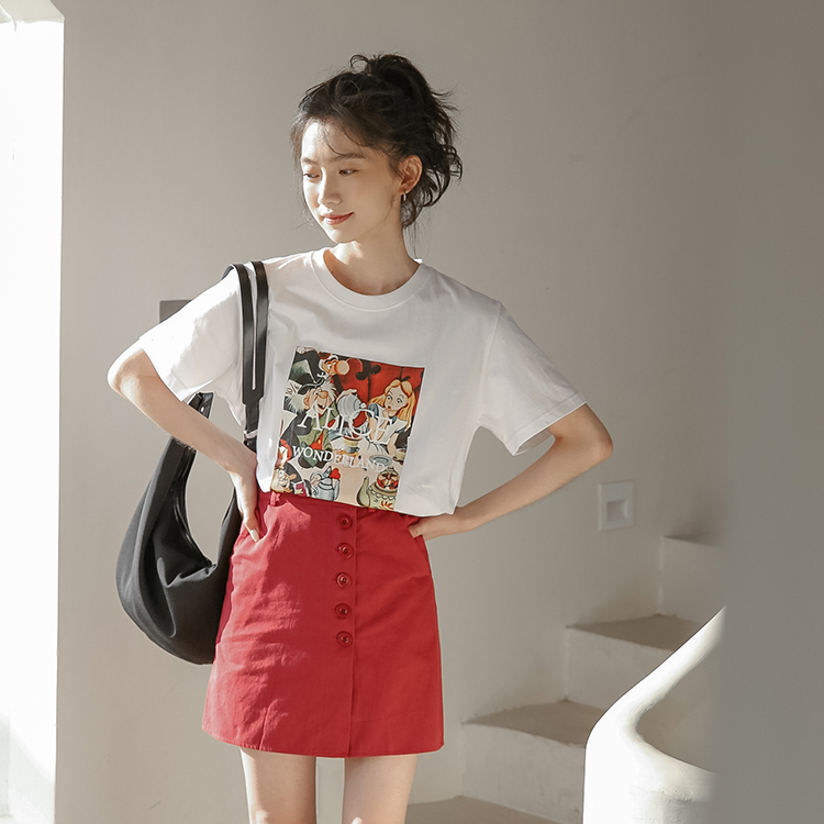 Student cute cartoon printed short sleeve T-shirt fashion loose Hong Kong style white half body T-shirt