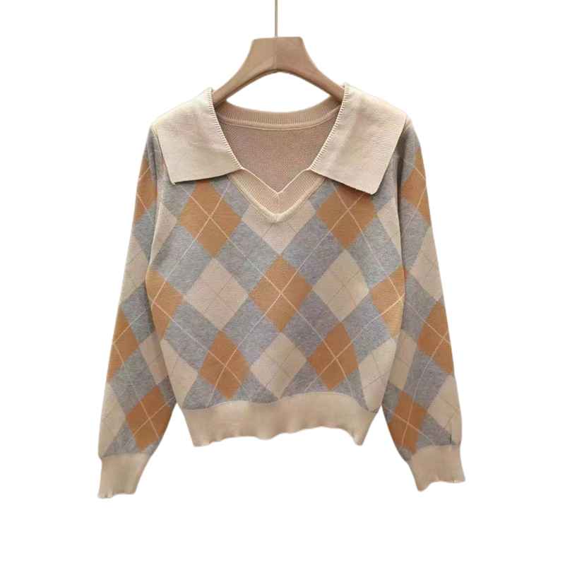 Autumn new Korean version design sense small crowd college wind flip V-neck contrast color rhombic long-sleeved top