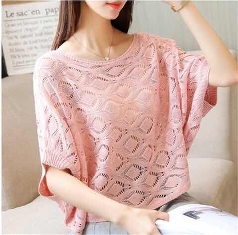 Spring / summer 2020 new Pullover T-shirt women's loose hollow Knitted Top short sleeve thin blouse