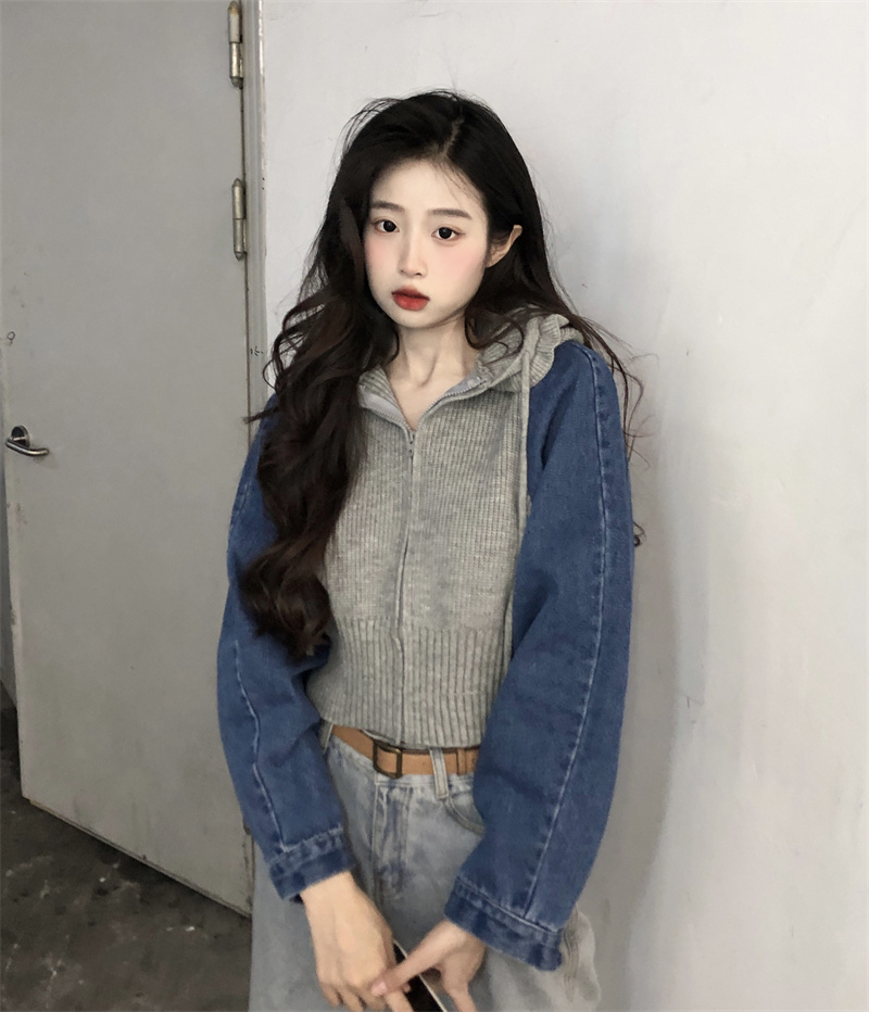 Real shot Sweet and spicy street stitching all-match hooded cardigan design sense denim sleeves women's short coat tide in
