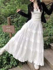 L!  Large size white skirt women's high waist umbrella skirt A-line skirt gentle style design lace skirt
