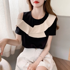 Real shot short sleeve belly covered chiffon shirt for women 2021 summer new elegant off shoulder Tibetan meat contrast Ruffle Top