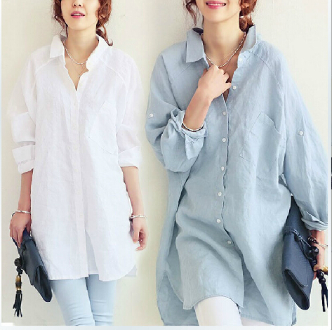 Autumn new shirt loose large size women's long cotton and linen dress shirt M-4XL200 catties