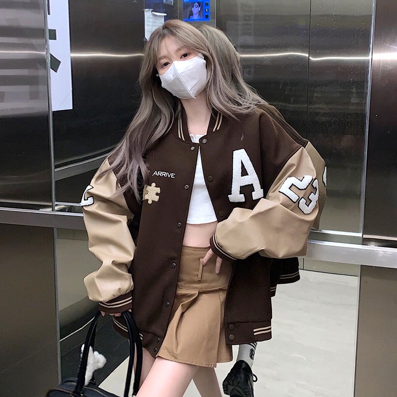 American College printed baseball suit autumn and winter women's wear Plush thickened casual jacket cardigan jacket