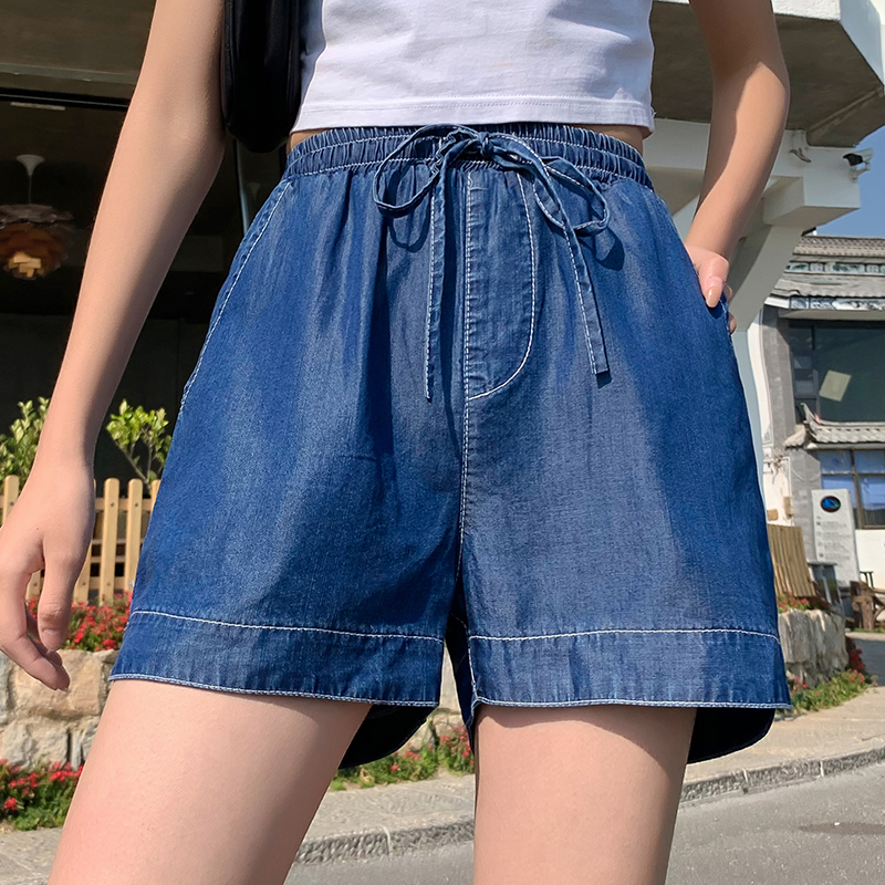 Real shooting large size Tencel denim shorts women's summer thin style loose bud high waist thin wide leg ice silk pants