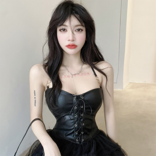 Real time fashion Black PU leather waist strap Strapless neck suspender vest spring and summer new Spice Girls Sexy Top