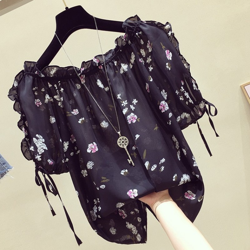 Floral Chiffon Shirt Short Sleeve new summer loose Korean fashion style sexy one line shoulder top