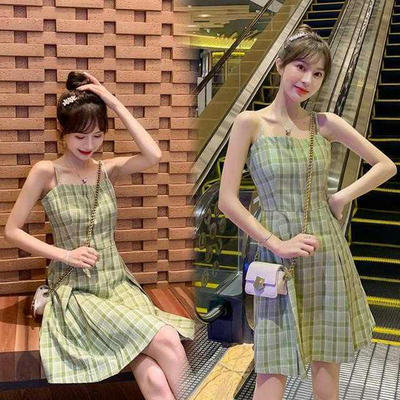 French Plaid suspender dress women's new small fresh waist slim short short summer skirt