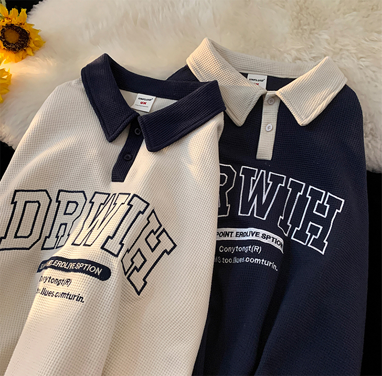 Original volume American retro waffle sweater women's spring and autumn fashion college style loose casual POLO collar