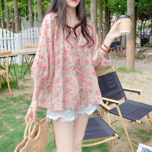 Summer Korean loose V-neck Lantern Sleeve high-end Floral Cotton Linen Shirt Baby Shirt Top
