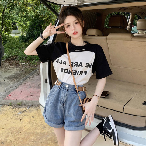 Pure cotton short-sleeved t-shirt women's summer 2023 tide fake two-piece round neck new top