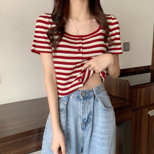 Hanfeng chic top summer women's new fashion loose short square neck design Short Sleeve Striped knitted T-shirt