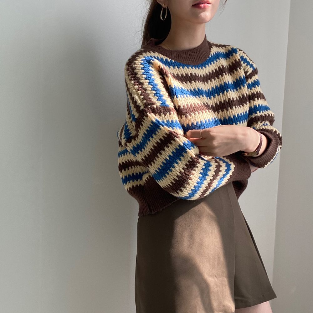 Thick color matching stripe knitted sweater