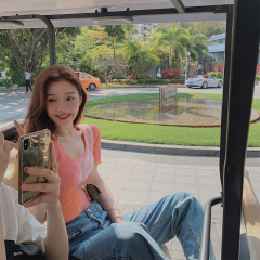 Beautiful summer wear right angle shoulder Hong Kong retro contrast cool and breathable knitted short sleeve T-shirt for women