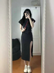 2023 Summer Women's Over-the-Knee Waist Slit Dress Slightly Fat MM Covers Belly and Makes Slim High-Level Long Skirt