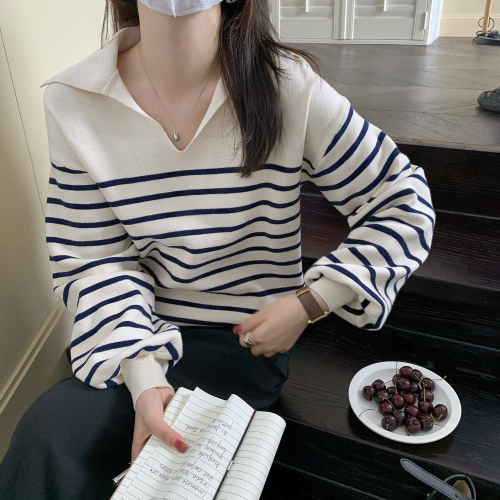 Real shot French retro lazy stripe polo collar encrypted imported machine quality long sleeve Pullover Sweater