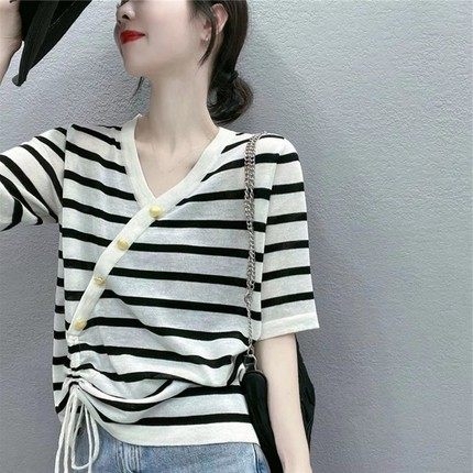European summer 2022 new V-neck diagonal buckle drawstring short sleeve women's stripe color matching ice silk T-Shirt Top