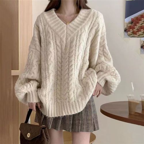2022 autumn and winter new pink loose v-neck tops lazy gentle wind twist pullover women's