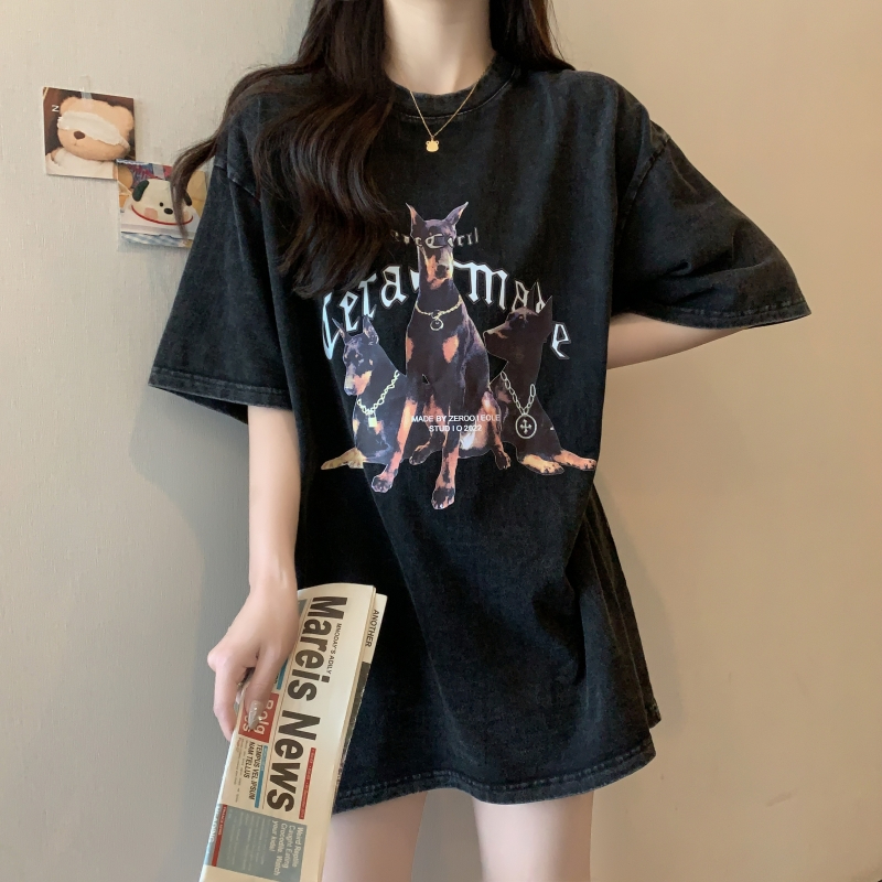 Real shot 200g combed 100% cotton washed and old-fashioned mid-length loose short-sleeved T-shirt female printed summer top