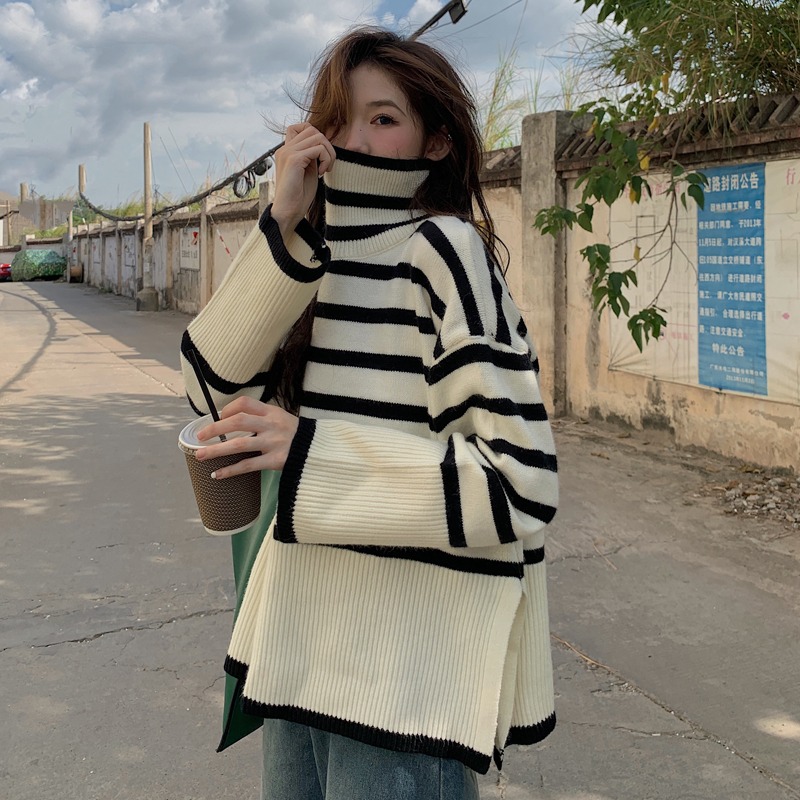 High neck striped sweater autumn 2021 new lazy style loose Pullover long sleeve design sense Knitted Top Women's fashion