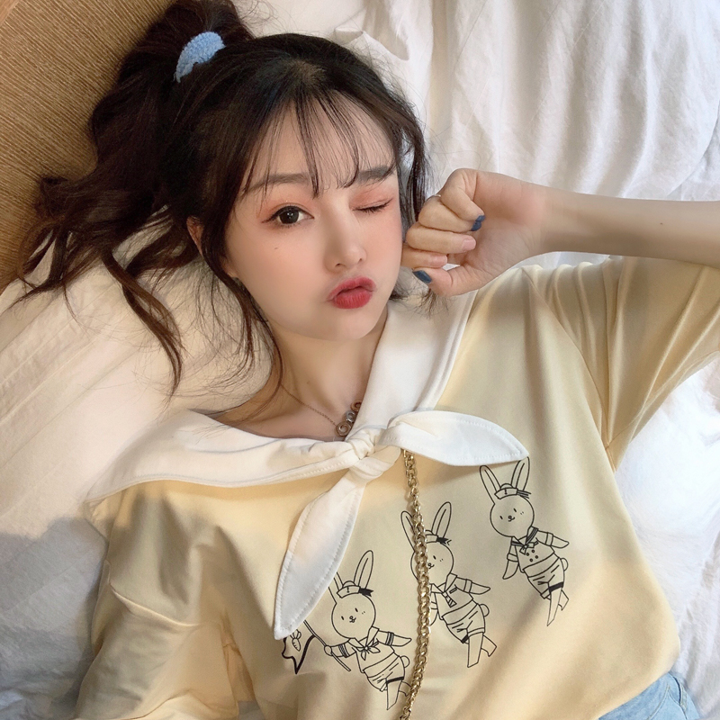 Real shot 2022 new summer cartoon printing Japanese bow navy collar long short sleeve T-shirt female